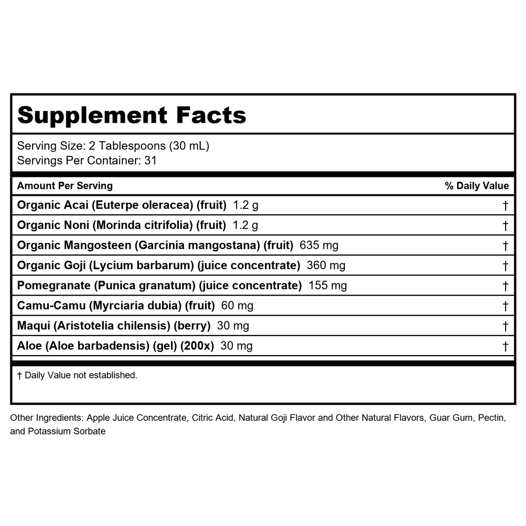 Dynamic Health Healthy Blend with Acai, Mangosteen, Noni, Maqui &amp; Aloe Vera, No Additives, Immune System Support, Antioxidant, Vegan, Gluten Free, Non-GMO, 32 Fl oz - Supplement Facts panel