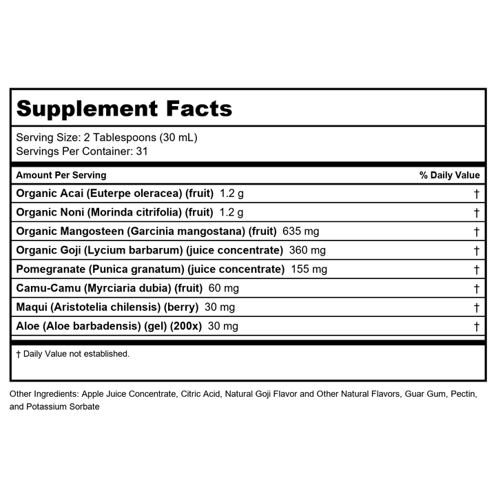 Dynamic Health Healthy Blend with Acai, Mangosteen, Noni, Maqui &amp; Aloe Vera, No Additives, Immune System Support, Antioxidant, Vegan, Gluten Free, Non-GMO, 32 Fl oz - Supplement Facts panel