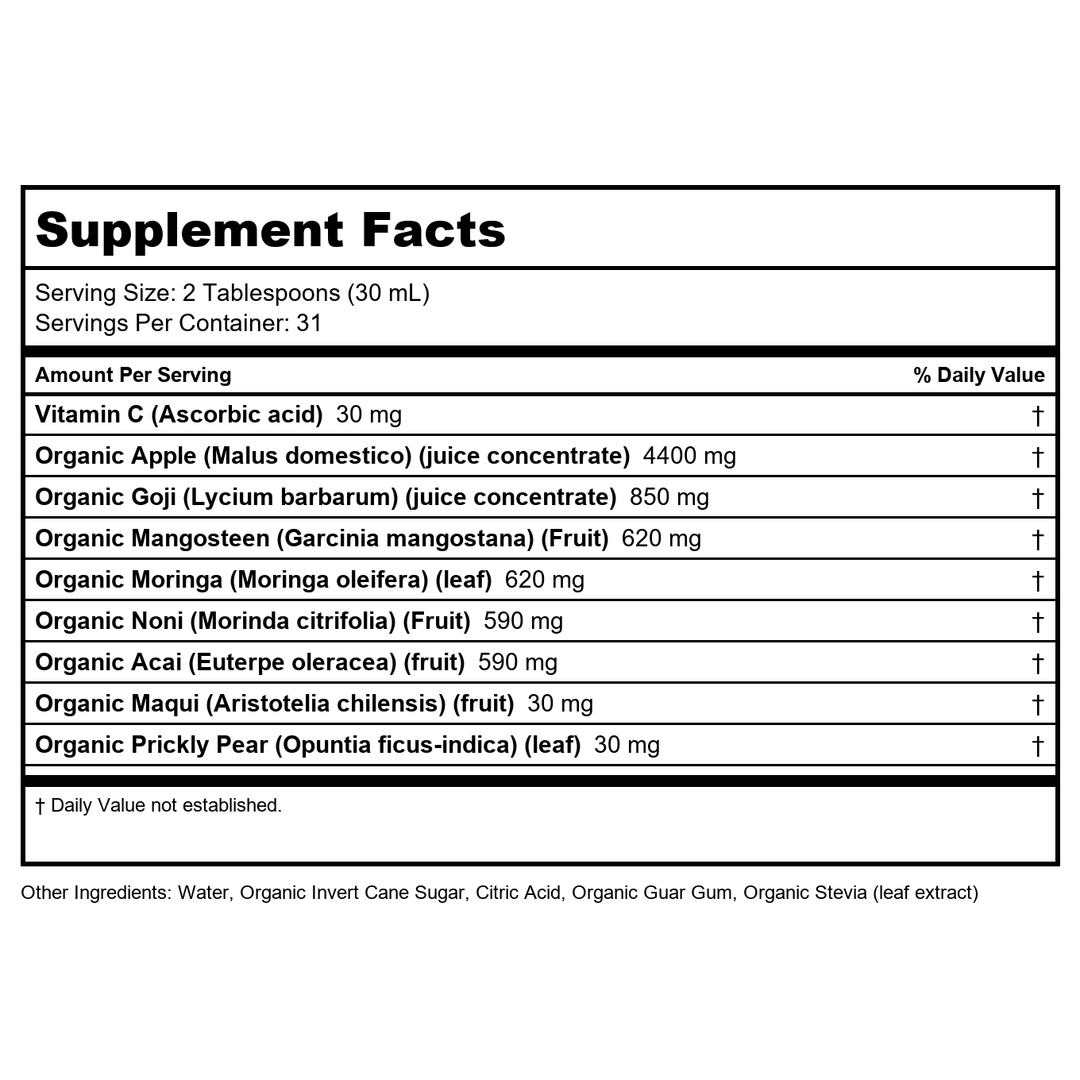 Dynamic Health Moringa Juice Certified Organic, Superfruits Acai, Goji, Mangosteen and Morei, Vegetarian, Gluten-Free, 33.8oz - Supplement Facts panel