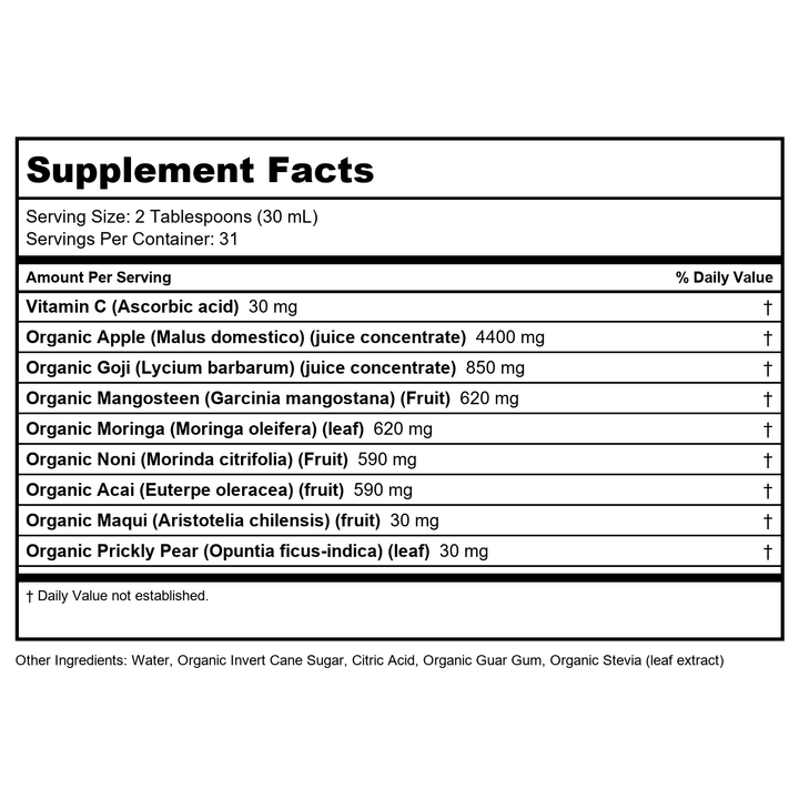 Dynamic Health Moringa Juice Certified Organic, Superfruits Acai, Goji, Mangosteen and Morei, Vegetarian, Gluten-Free, 33.8oz - Supplement Facts panel