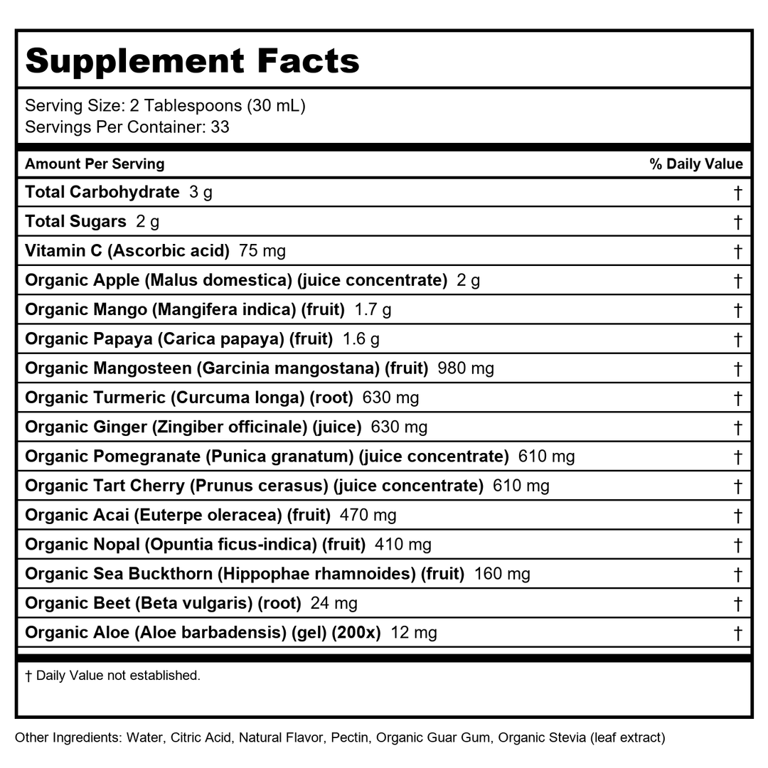 Dynamic Health Nopal Blend Juice with Acai, Certified Organic, Mangosteen and Seabuckthorn, Natural Antioxidants, Omegas, Vitamins and Amino Acids, Vegetarian, Gluten-Free, 33.8oz - Supplement Facts panel