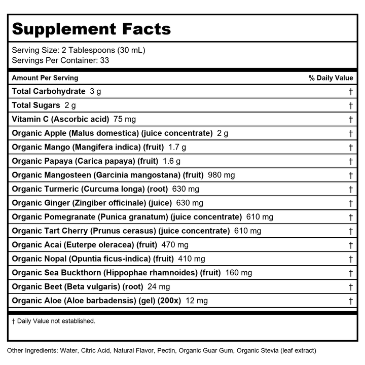 Dynamic Health Nopal Blend Juice with Acai, Certified Organic, Mangosteen and Seabuckthorn, Natural Antioxidants, Omegas, Vitamins and Amino Acids, Vegetarian, Gluten-Free, 33.8oz - Supplement Facts panel