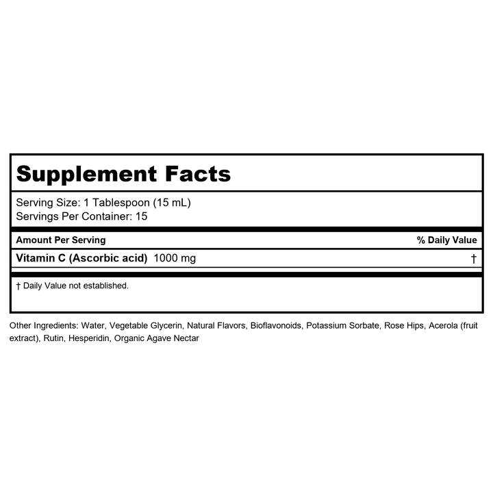 Dynamic Health Liquid Vitamin C Natural Citrus - 1000 mg per Serving, Liquid Supplement for Men and Women, with Bioflavonoids &amp; Rose Hips, Vegetarian &amp; Gluten Free - 8 fl oz - Supplement Facts panel