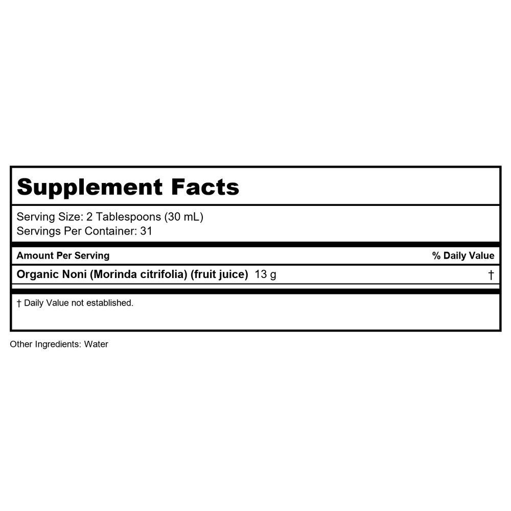 Dynamic Health Organic Noni Juice, 100% Juice No Additives, Immune System Support, Increase Energy, Antioxidant Supplement, Vegan, Gluten Free, Non-GMO, 16 Fl oz - Supplement Facts panel