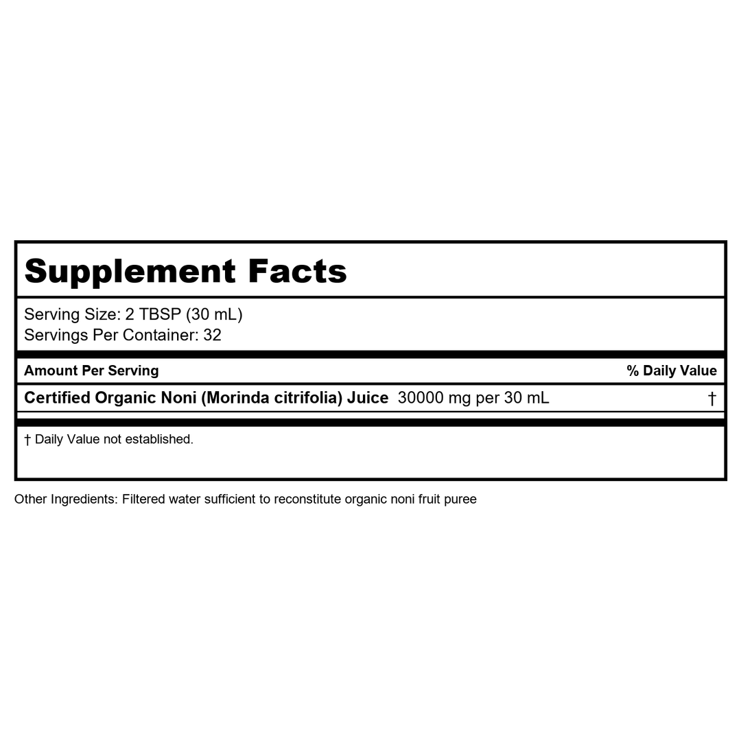 Dynamic Health Certified Organic Noni (Morinda citrifolia) 100% Juice | For Increased Energy &amp; Body Health | No Additives, Vegetarian | 32oz Plastic - Supplement Facts panel