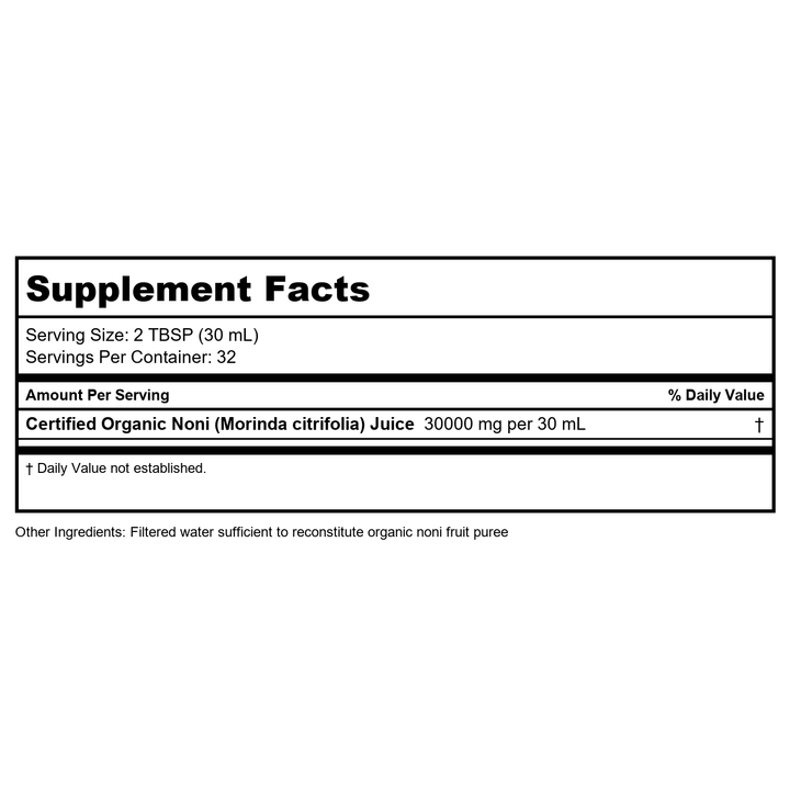Dynamic Health Certified Organic Noni (Morinda citrifolia) 100% Juice | For Increased Energy &amp; Body Health | No Additives, Vegetarian | 32oz Plastic - Supplement Facts panel