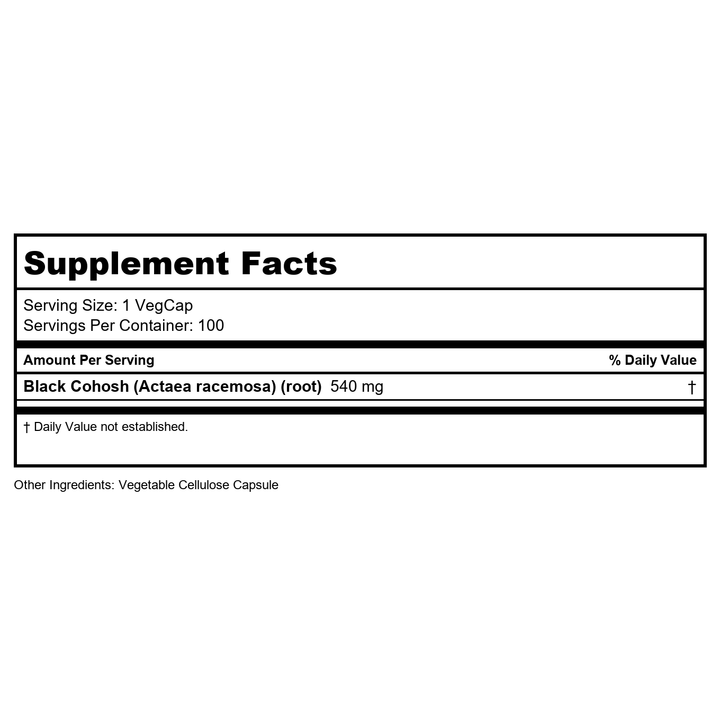 Solaray Black Cohosh 540 mg | Womens Health &amp; Menopause Support Supplement | Whole Root | Non-GMO, Vegan &amp; Lab Verified | 180 VegCaps - Supplement Facts panel