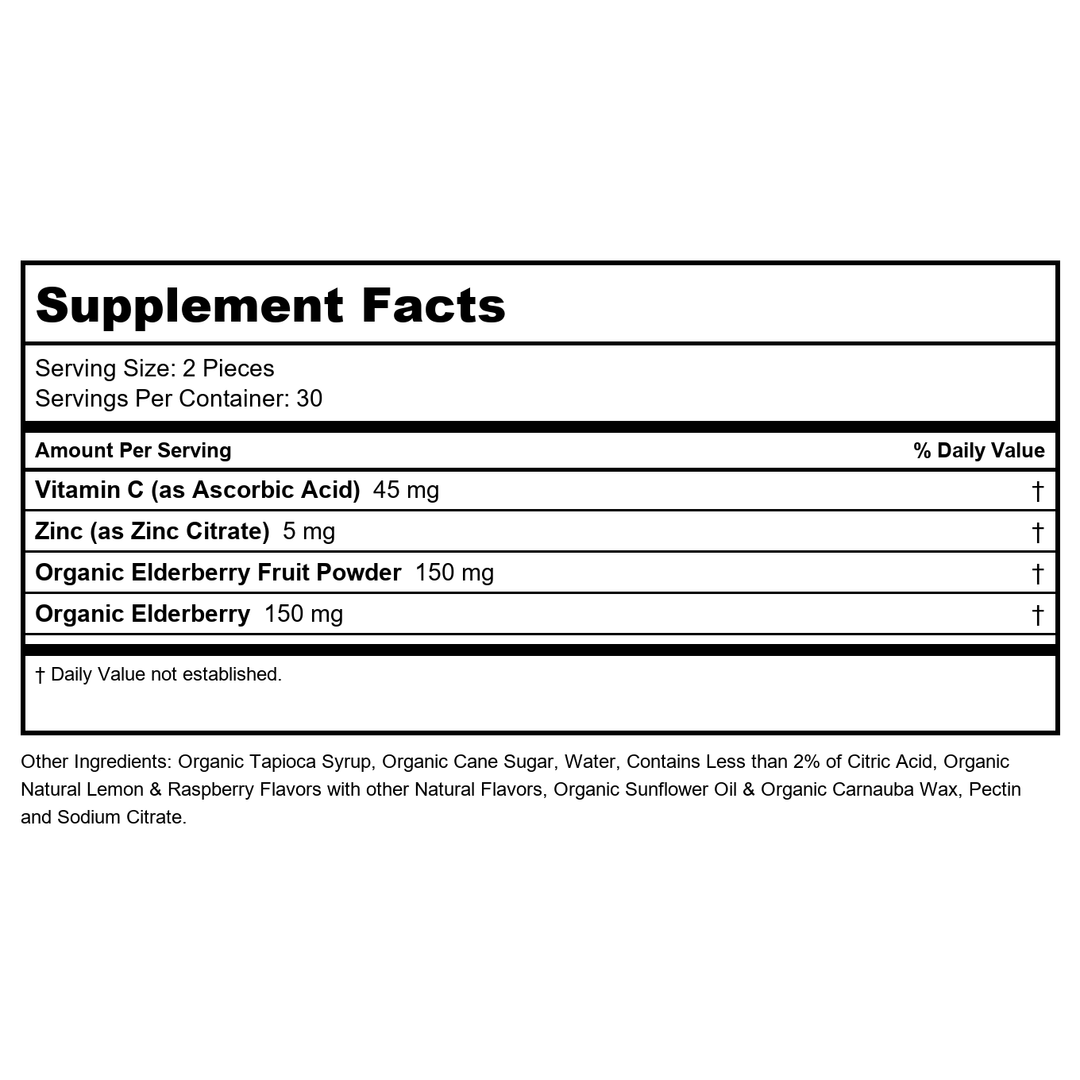 SOLARAY Organic Elderberry Gummies w/Zinc &amp; Vitamin C | Healthy Immune System Support | Gluten Free | 30 Serv, 60 Ct - Supplement Facts panel