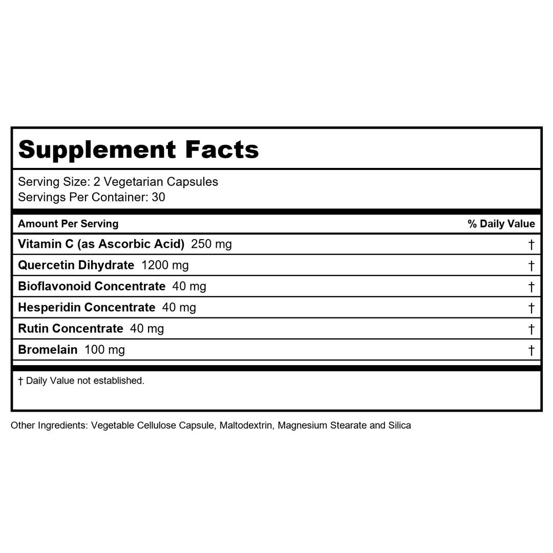 Solaray Mega Quercetin, Healthy Sinus &amp; Immune Support &amp; AMPK Activator, Rutin, Hesperidin &amp; Bromelain, 60 VegCaps - Supplement Facts panel