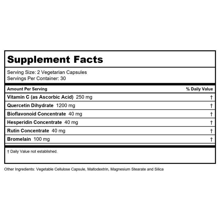 Solaray Mega Quercetin, Healthy Sinus &amp; Immune Support &amp; AMPK Activator, Rutin, Hesperidin &amp; Bromelain, 60 VegCaps - Supplement Facts panel