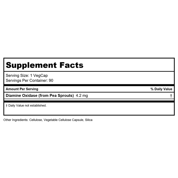 SOLARAY DAO Enzyme - Digestive Enzyme That Breaks Down Histamine - 60,000 HDU - Digestive Enzymes - Vegan, Gluten Free, Lab Verified - 90 Servings, 90 VegCaps - Supplement Facts panel