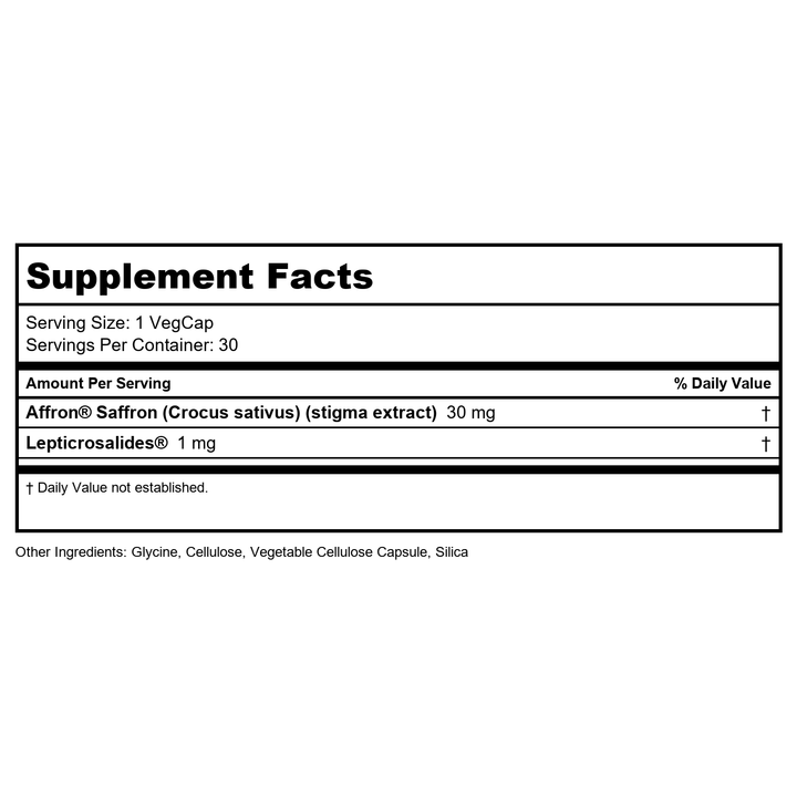 SOLARAY Saffron Extract - Sleep and Positive Mood Support - Vegan and Gluten Free Saffron Supplements - Lab Verified - 60-Day Guarantee - 30 Servings, 30 VegCaps - Supplement Facts panel