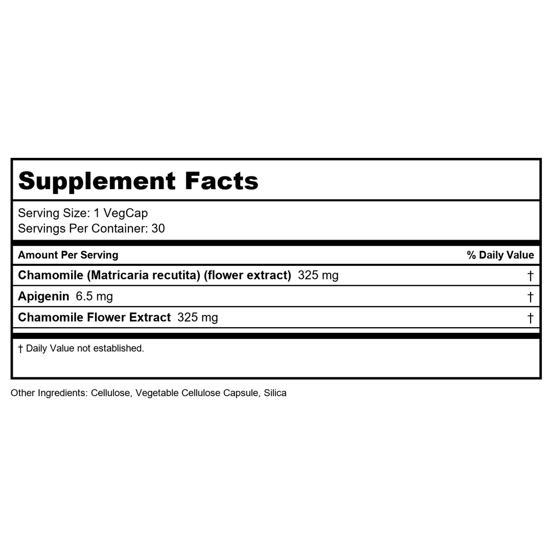SOLARAY Chamomile Extract 325 mg - Traditional Herbal Support - Standardized to 2% Apigenin, an Antioxidant and Flavonoid - Vegan, Gluten Free, Made Without Soy, 60-Day Guarantee, 30 Serv, 30 VegCaps - Supplement Facts panel