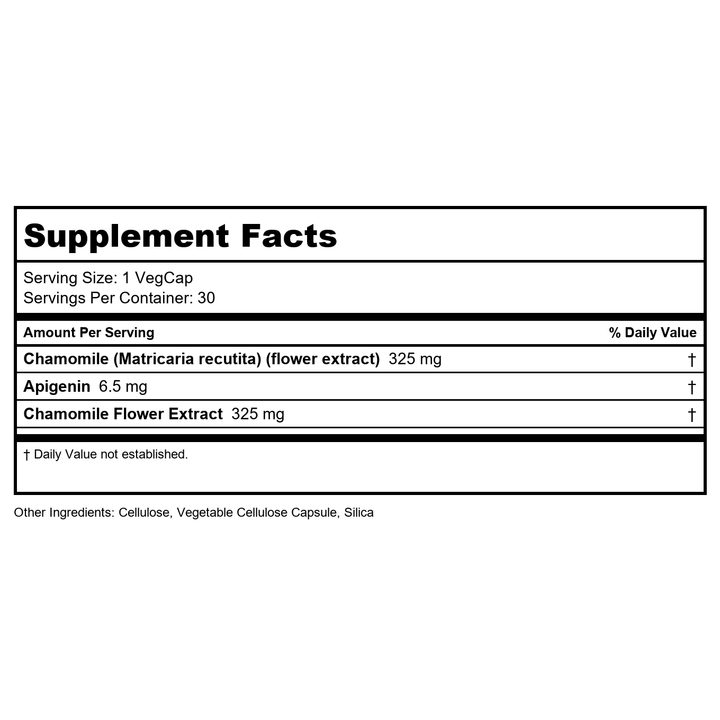 SOLARAY Chamomile Extract 325 mg - Traditional Herbal Support - Standardized to 2% Apigenin, an Antioxidant and Flavonoid - Vegan, Gluten Free, Made Without Soy, 60-Day Guarantee, 30 Serv, 30 VegCaps - Supplement Facts panel