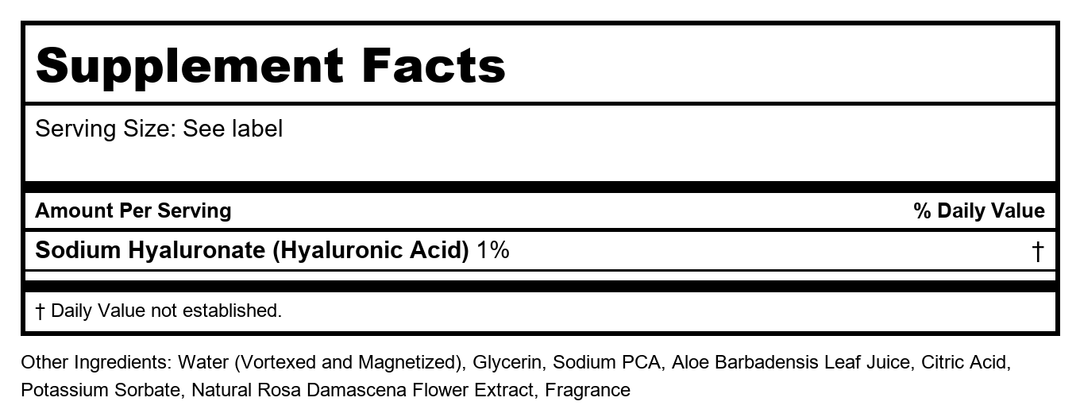 Heritage Store Rosewater Serum Deep Hydration with 1% Hyaluronic Acid for Radiant, Younger-Looking Skin, 2 Oz - Supplement Facts panel
