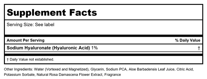 Heritage Store Rosewater Serum Deep Hydration with 1% Hyaluronic Acid for Radiant, Younger-Looking Skin, 2 Oz - Supplement Facts panel