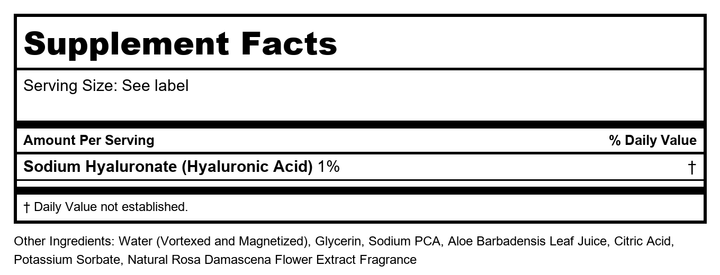 HERITAGE STORE Rosewater Facial Serum, 1% Hyaluronic Acid - Deep Hydration for Dry/Combination Skin Care - Minimizes Look of Fine Lines and Wrinkles, Adds a Natural Glow - Hypoallergenic, Vegan, 2oz - Supplement Facts panel