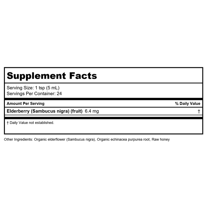 Honey Gardens Elderberry Syrup for Kids with Honey, Kids Elderberry Syrup, 6.4 mg of Elderberry Honey Syrup with Organic Raw Honey, Organic Echinacea Purpurea and Elderflower, 24 Servings, 4 FL. OZ. - Supplement Facts panel