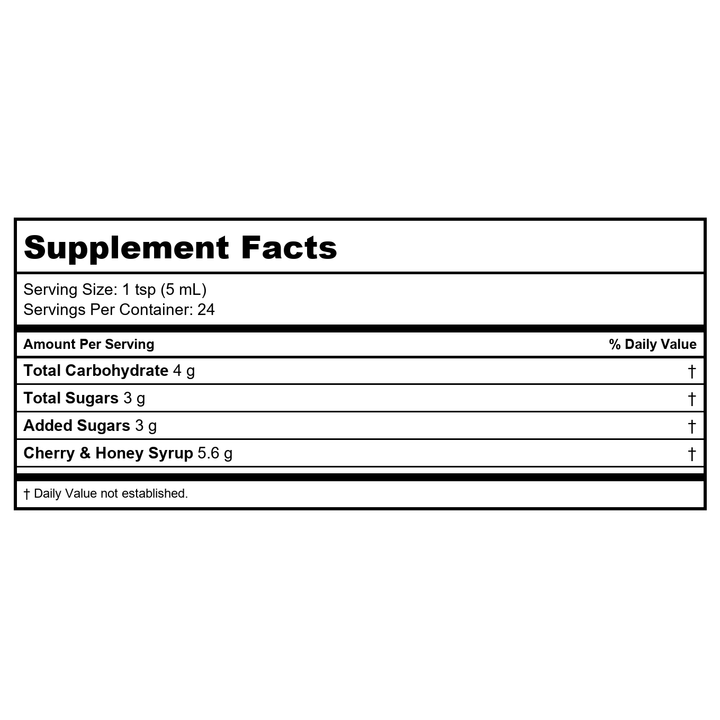 Honey Gardens Kids Cherry &amp; Honey Soothing Throat Syrup, Herbal Infused Raw Honey Syrup, Apitherapy Formula Includes Extracts of Umckaloabo, Black Cherry, Marshmallow, 24 Servings, 4 FL. OZ. - Supplement Facts panel