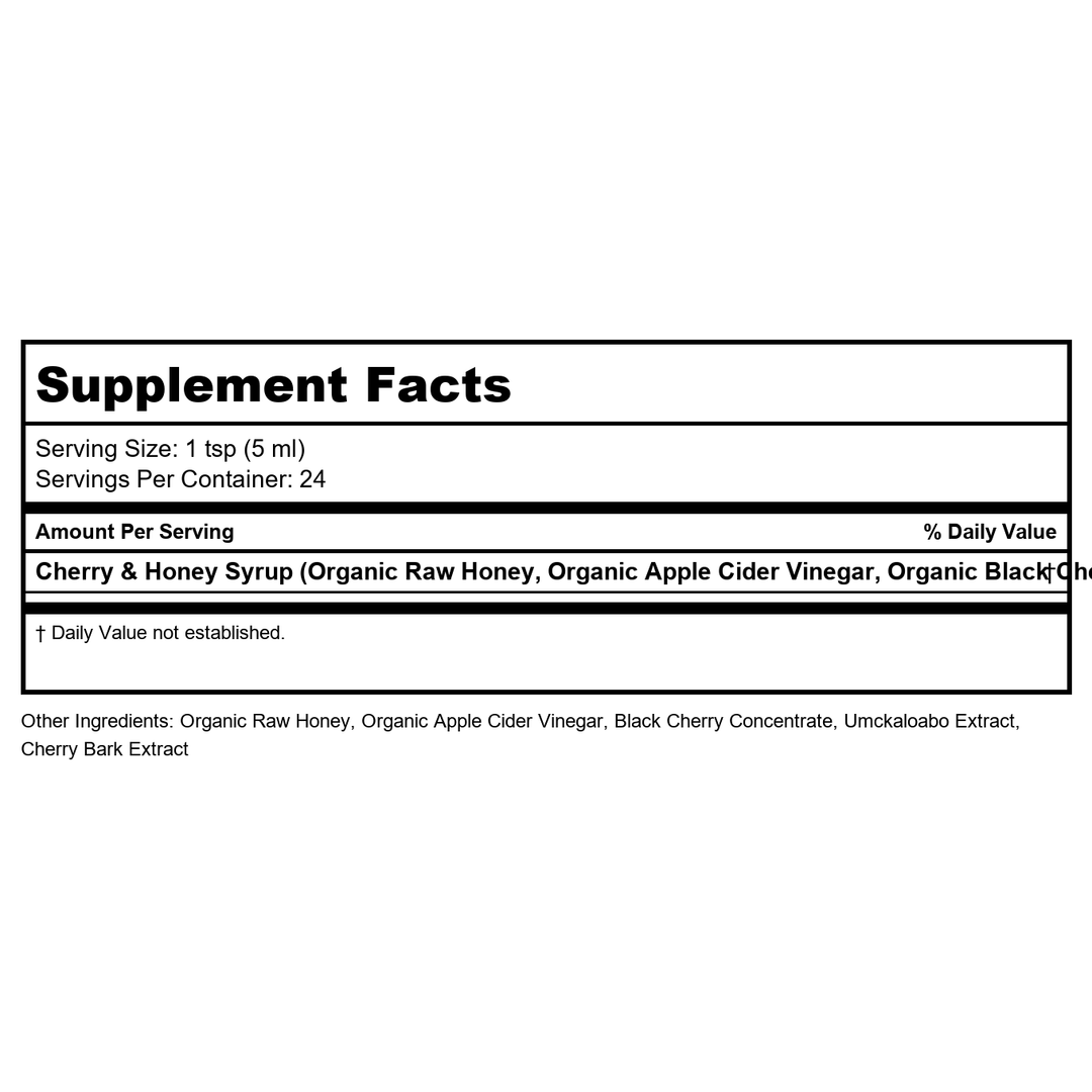 Honey Gardens Cherry &amp; Honey Soothing Throat Syrup, Apitherapy Formula with Organic Raw Honey, Organic Apple Cider Vinegar, Black Cherry, and Herbal Extracts, 24 Servings, 4 FL. OZ. - Supplement Facts panel