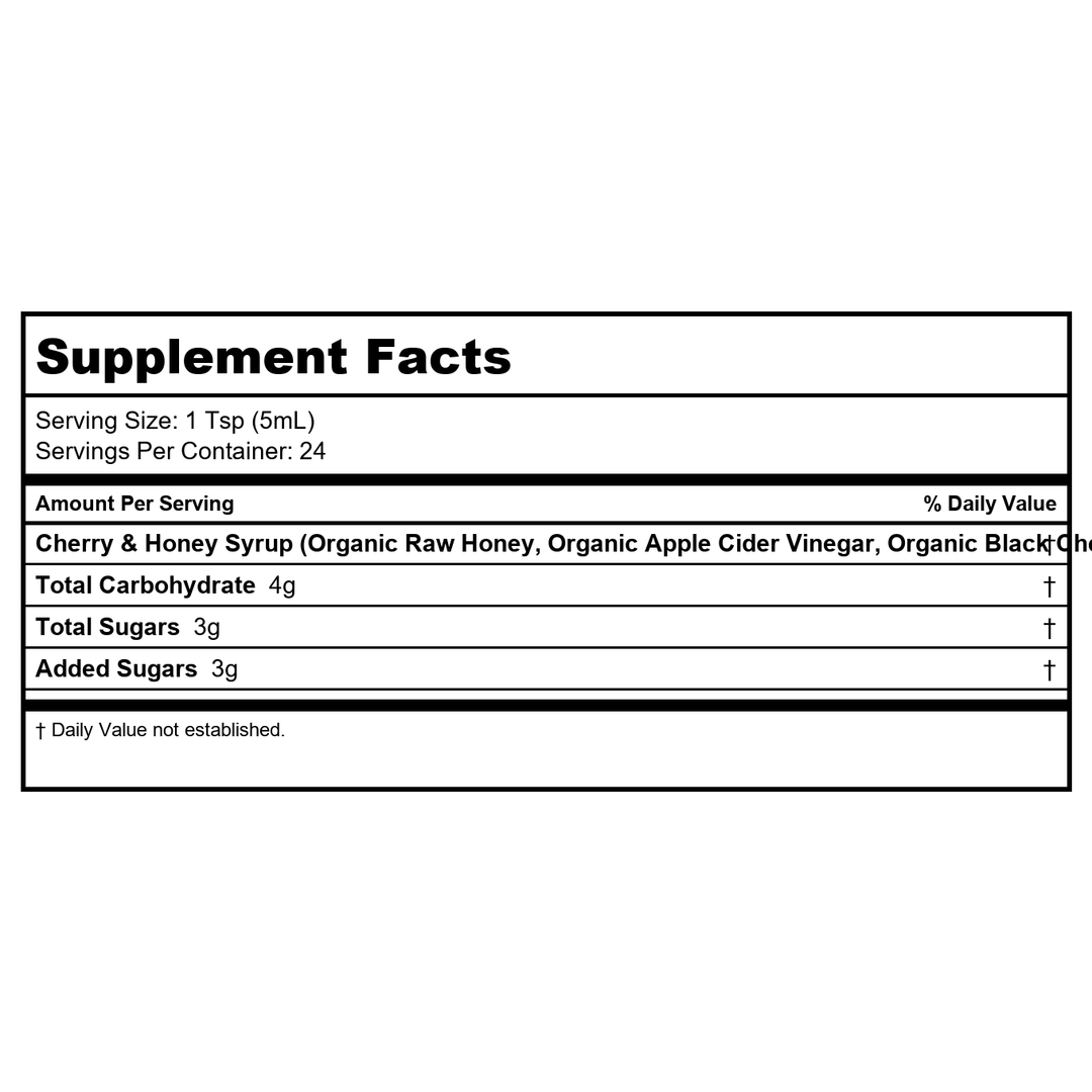 Honey Gardens Cherry &amp; Honey Soothing Throat Syrup, Apitherapy Formula with Organic Raw Honey, Organic Apple Cider Vinegar, Black Cherry, and Herbal Extracts, 48 Servings, 8 FL. OZ. - Supplement Facts panel