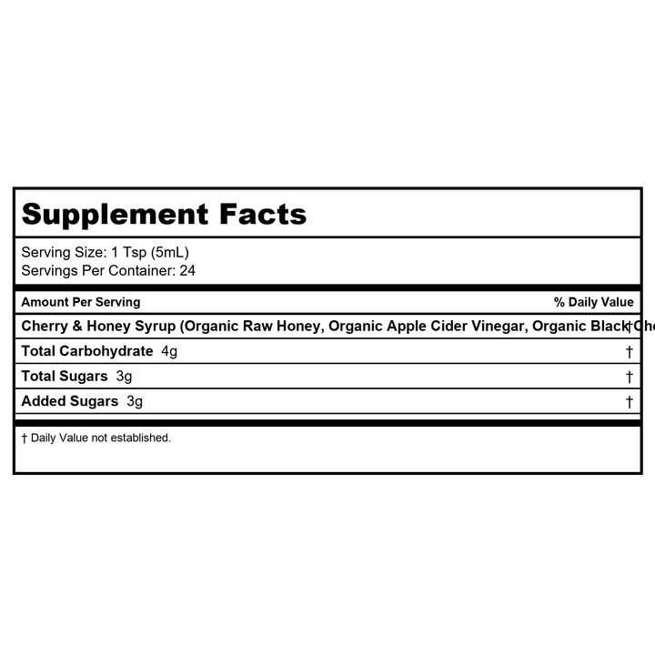 Honey Gardens Cherry &amp; Honey Soothing Throat Syrup, Apitherapy Formula with Organic Raw Honey, Organic Apple Cider Vinegar, Black Cherry, and Herbal Extracts, 48 Servings, 8 FL. OZ. - Supplement Facts panel