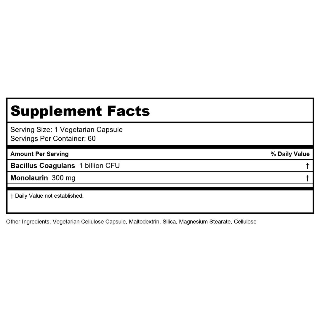 Emerita by Life-flo Yeast Assist Probiotics for Women - Yeast Cleanse, Vaginal, Immune and Gut Health Support - 1 Billion CFU Bacillus Coagulans Plus Monolaurin - Shelf Stable, 30 Servings, 60 VegCaps - Supplement Facts panel