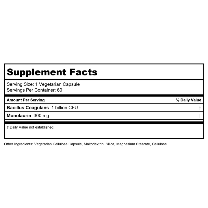 Emerita by Life-flo Yeast Assist Probiotics for Women - Yeast Cleanse, Vaginal, Immune and Gut Health Support - 1 Billion CFU Bacillus Coagulans Plus Monolaurin - Shelf Stable, 30 Servings, 60 VegCaps - Supplement Facts panel