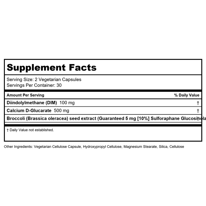 Emerita by Life-flo DIM Supplement, Balancing Support for Women with 100mg DIM Plus Calcium D-Glucarate and Broccoli Seed Extract, 60-Day Guarantee, Not Tested on Animals, 30 Servings, 60 VegCaps - Supplement Facts panel