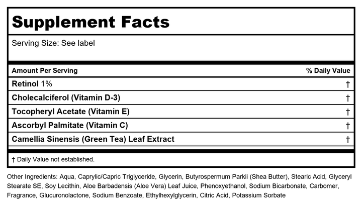 LIFE-FLO Retinol Face Cream - Face Moisturizer and Neck Cream w/ 1% Retinol Vitamin A, Green Tea and Vitamin E - Refines Skin, Minimizes Appearance of Fine Lines and Wrinkles, 60-Day Guarantee 1.7oz - Supplement Facts panel
