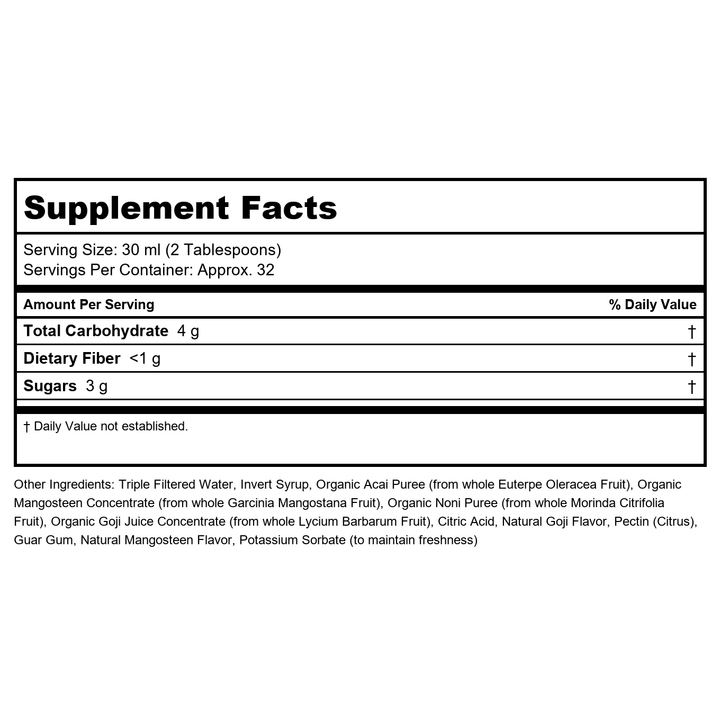 Lifetime Acai, Mangosteen, Noni &amp; Goji Superfruit Juice Blend | Dynamic Antioxidant, No Gluten | For Healthy Circulation &amp; Immunity | 32 FL oz - Supplement Facts panel
