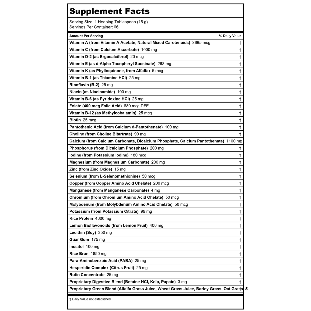 ALL ONE ALL ONE GREEN PHYTO, 2.2 LB - Supplement Facts panel