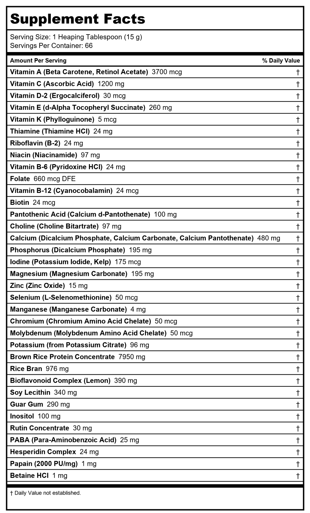 All One Powder Multiple Vitamins &amp; Minerals, Rice Base, 2.2 Pounds - Supplement Facts panel