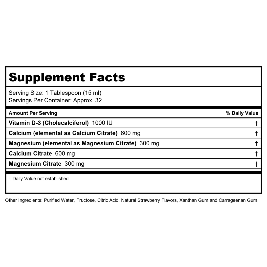 LifeTime Vitamins - Liquid Calcium Magnesium Supplement for Women &amp; Men, with Vitamin D, Muscle and Bone Health Support with Magnesium &amp; Calcium Citrate - Natural Strawberry Flavor, 16 fl oz - Supplement Facts panel