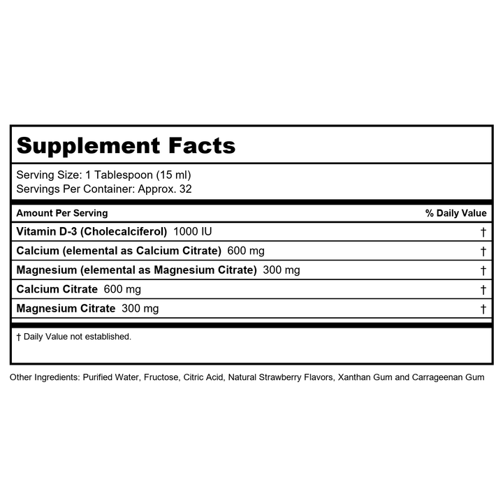 LifeTime Vitamins - Liquid Calcium Magnesium Supplement for Women &amp; Men, with Vitamin D, Muscle and Bone Health Support with Magnesium &amp; Calcium Citrate - Natural Strawberry Flavor, 16 fl oz - Supplement Facts panel