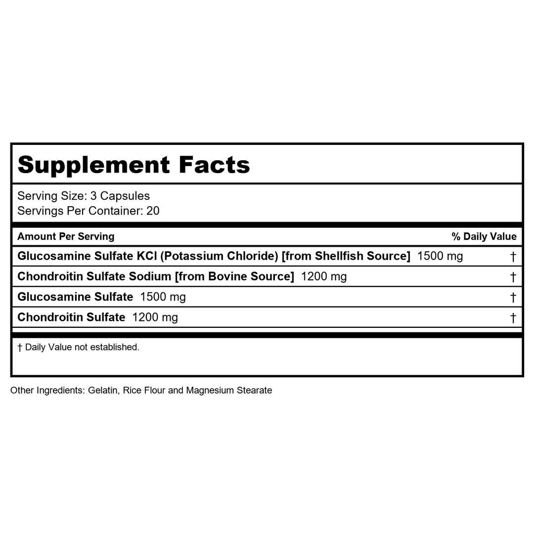 LIFETIME Glucosamine Chondroitin Complex | Support Mobility, Joints &amp; Recovery | 1500mg Glucosamine, 1200mg Chondroitin | 60 Capsules - Supplement Facts panel