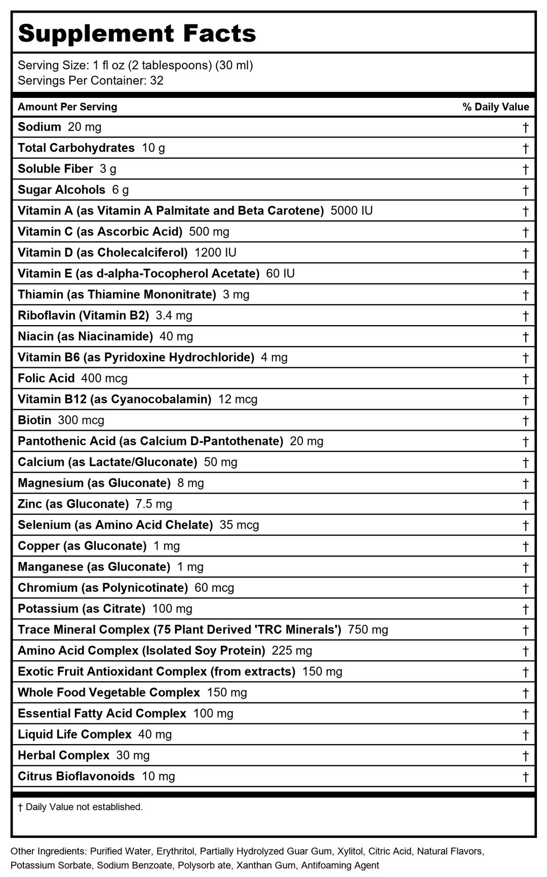 ALL ONE Liquid Life | Liquid Multivitamin for Women, Men, &amp; Kids | Vitamin A, B, C, D3, E &amp; Amino Acids | Pure Nutrition | No Added Sugar | Gluten Free | Vegan | 32 oz - Supplement Facts panel