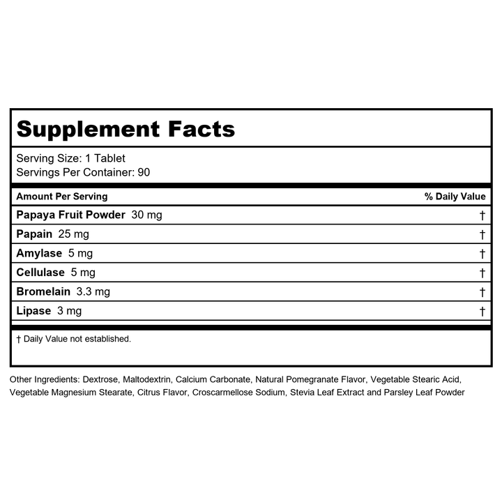 LIFETIME Quick Digest Digestive Enzymes - Plant Enzymes for Proteins, Carbohydrates, Fruits and Vegetables - Digestive Health Support - Pomegranate Flavor - 90 Servings, 90 Chewable Tablets - Supplement Facts panel