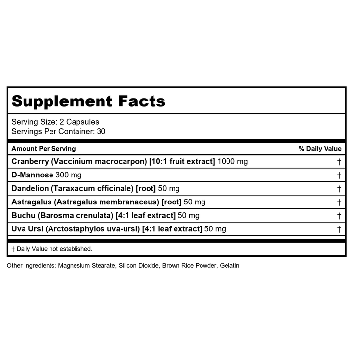 LIFETIME Uri-Active w/D-Mannose &amp; Cranberry, Veg Cap (Btl-Glass) | 60ct - Supplement Facts panel