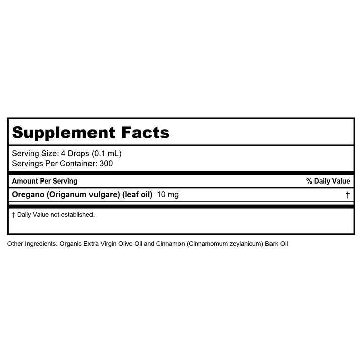 ZAND HERBALS Oregano Oil Drops - Plant Based Wellness Support - Standardized to 60% Carvacrol - Organic Extra Virgin Olive Oil Base - Lab Verified, 60-Day Guarantee, Approx. 300 Servings, 1 fl oz - Supplement Facts panel