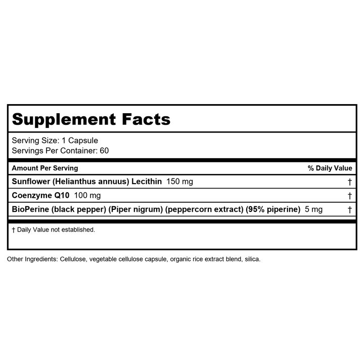 Nutra BioGenesis Ultra CoQ10 - Coenzyme Q10 to Support Heart and Brain Health - Gluten Free, Vegan, Non-GMO - 60 Capsules - Supplement Facts panel