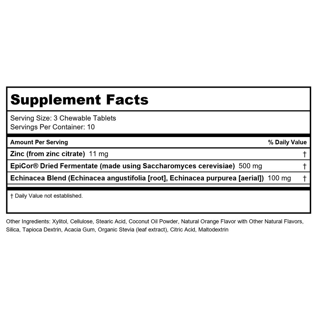 Zand Immune Fast Zesty Orange Chews | Boosts Immune Response &amp; Cell Activity w/EpiCor*, Echinacea, 30 Tablets, 10 Serv. - Supplement Facts panel