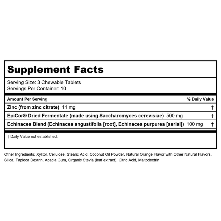 Zand Immune Fast Zesty Orange Chews | Boosts Immune Response &amp; Cell Activity w/EpiCor*, Echinacea, 30 Tablets, 10 Serv. - Supplement Facts panel