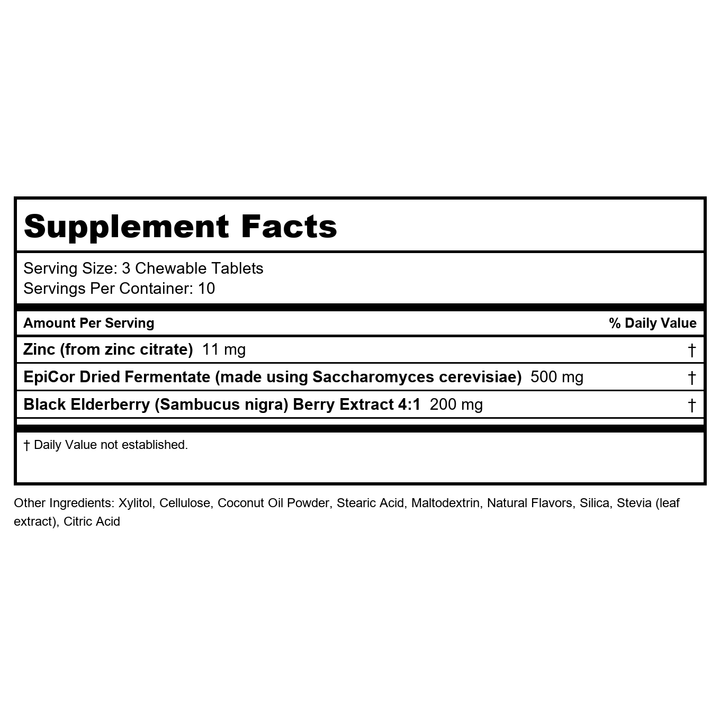 ZAND Immune Fast Elderberry Chews Boosts Immune Response &amp; Cell Activity w/EpiCor* &amp; Vitamin C, 30 Tablets, 10 Serv. (4305405) - Supplement Facts panel