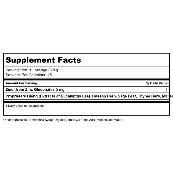 ZAND Lemon Zinc 45 Lozenge - Supplement Facts panel