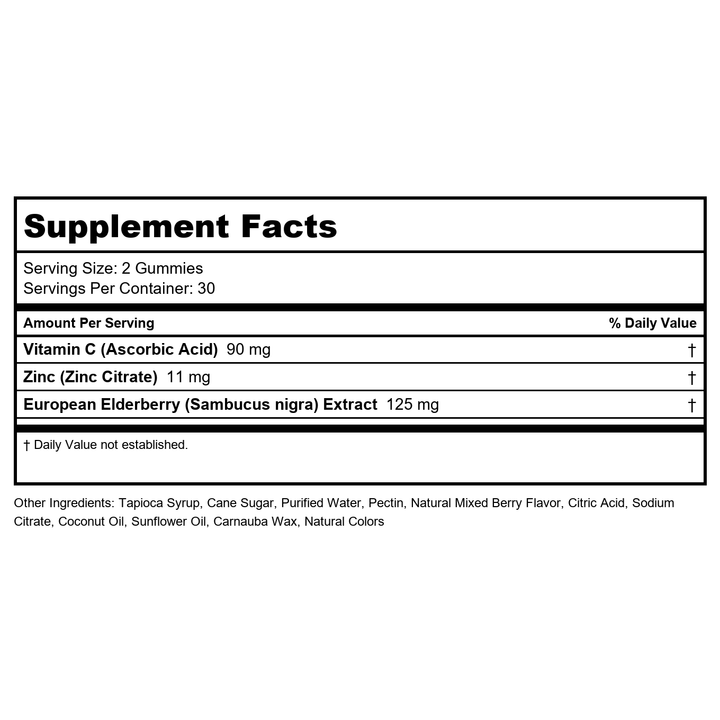 ZAND IMMUNITY Elderberry Zinc Gummies with Vitamin C - Immune Support Supplement - Elderberry Gummies with DV of Zinc and Vitamin C - Mixed Berry Flavor, Vegan, Gluten Free, 60-Day Guarantee, 30 Serv. - Supplement Facts panel