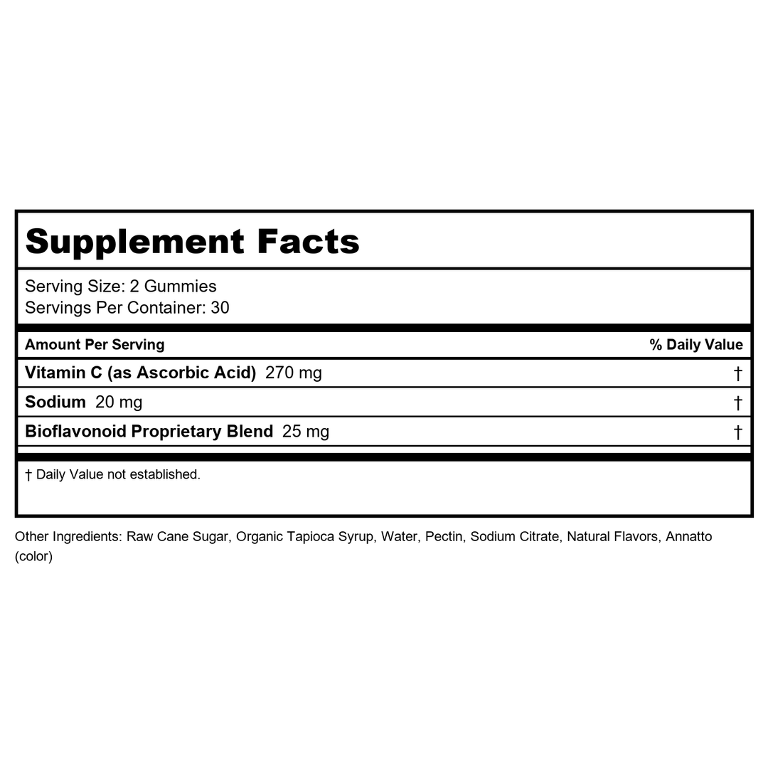 ZAND Immunity Orange Vitamin C Gummies, Wellness and Immune Support Supplement, Chewable Vitamin C w/Citrus Bioflavonoids, Rose HIPS and Acerola, Vegan, Gluten Free, 60-Day Guarantee, 30 Servings - Supplement Facts panel