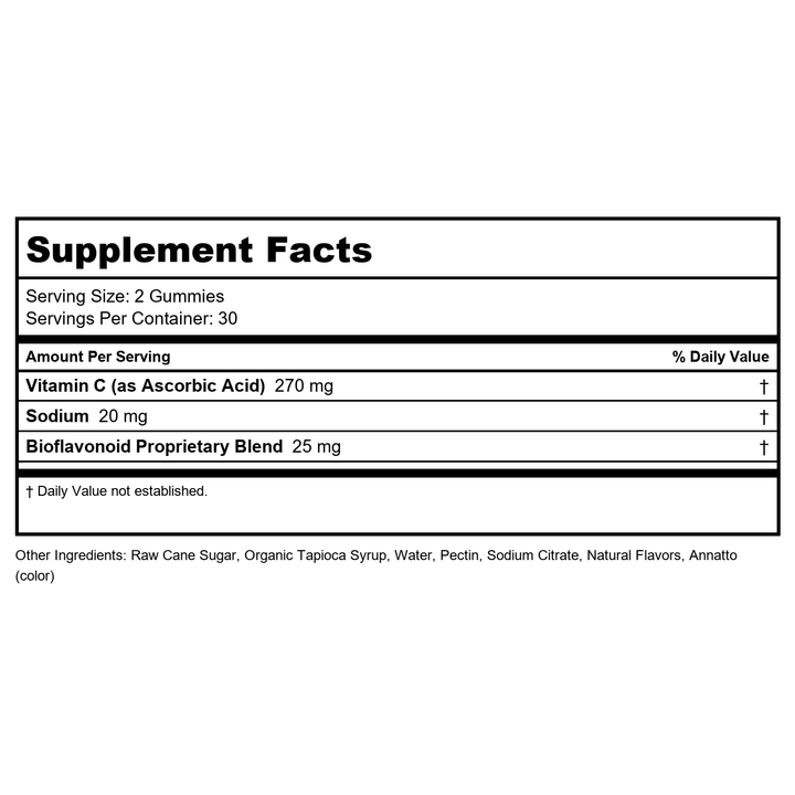 ZAND Immunity Orange Vitamin C Gummies, Wellness and Immune Support Supplement, Chewable Vitamin C w/Citrus Bioflavonoids, Rose HIPS and Acerola, Vegan, Gluten Free, 60-Day Guarantee, 30 Servings - Supplement Facts panel