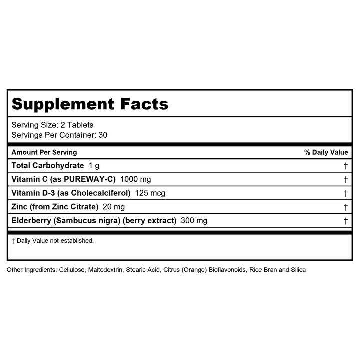 Zand Immunity Super C+ with Elderberry, All Day Immune Support, 1000mg PureWay-C Vitamin C Plus Zinc &amp; Vitamin D-3, Enhanced Absorption, 60 Tablets, 30 Servings - Supplement Facts panel