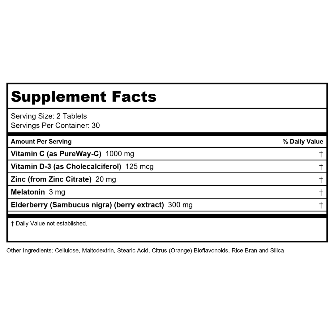 Zand Immunity Super C+ PM, Nighttime Immune Support Plus Melatonin, 1000mg PureWay-C Vitamin C, Zinc, D3 &amp; Elderberry, Enhanced Absorption - 60 Tablets, 30 Servings - Supplement Facts panel
